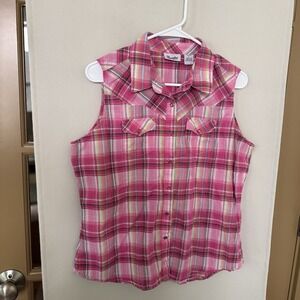 Wrangler Womens Large Plaid Cotton Sleeveless Snap Up Tank Top Western‎